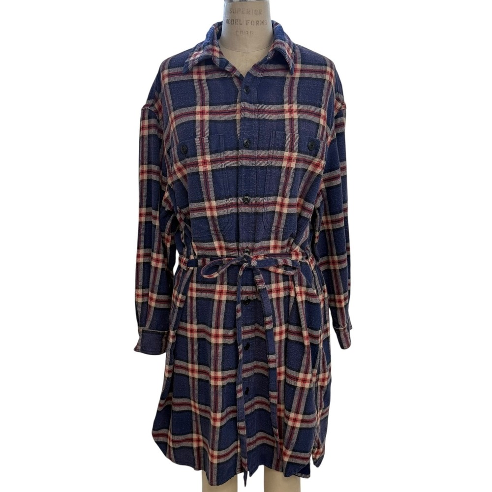 R13 Oversized Shirt Dress Womens M Plaid Navy Flannel Belted Japanese Fabric